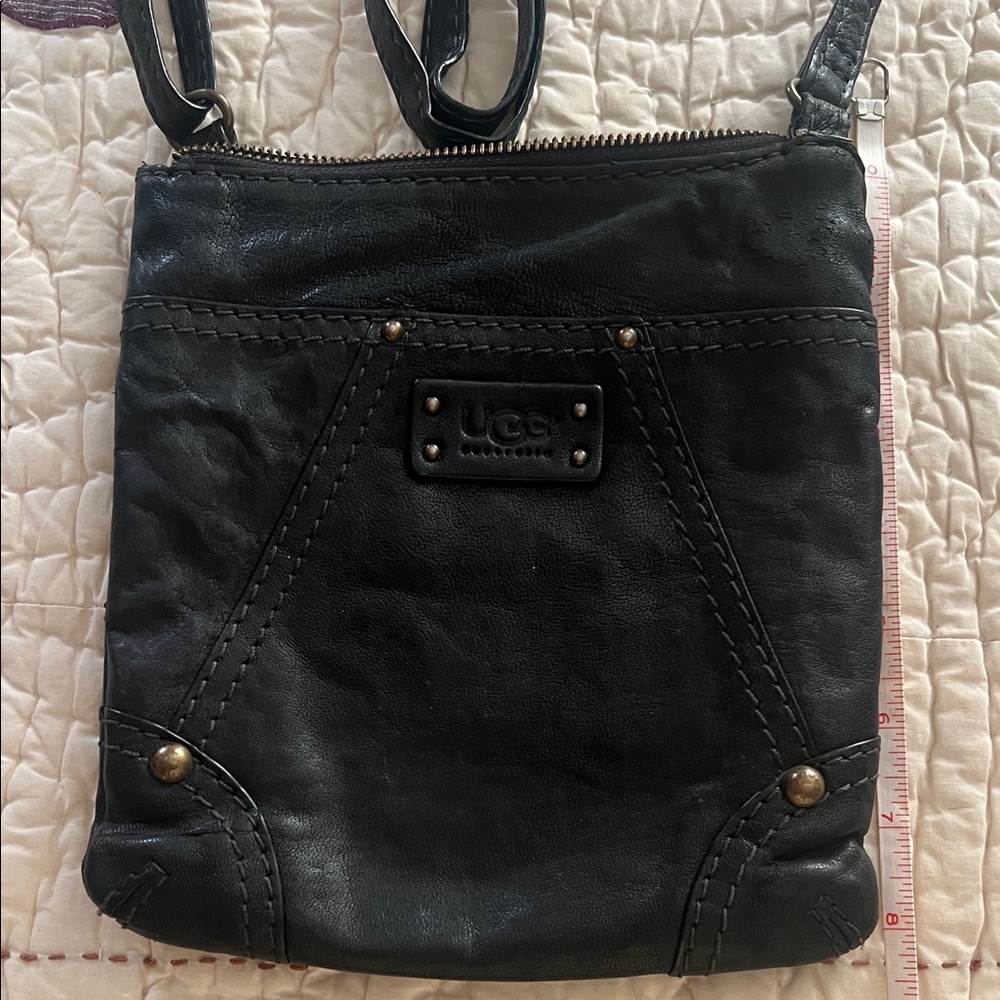 UGG Black Leather Crossbody Shoulder Bag with Stud Accents